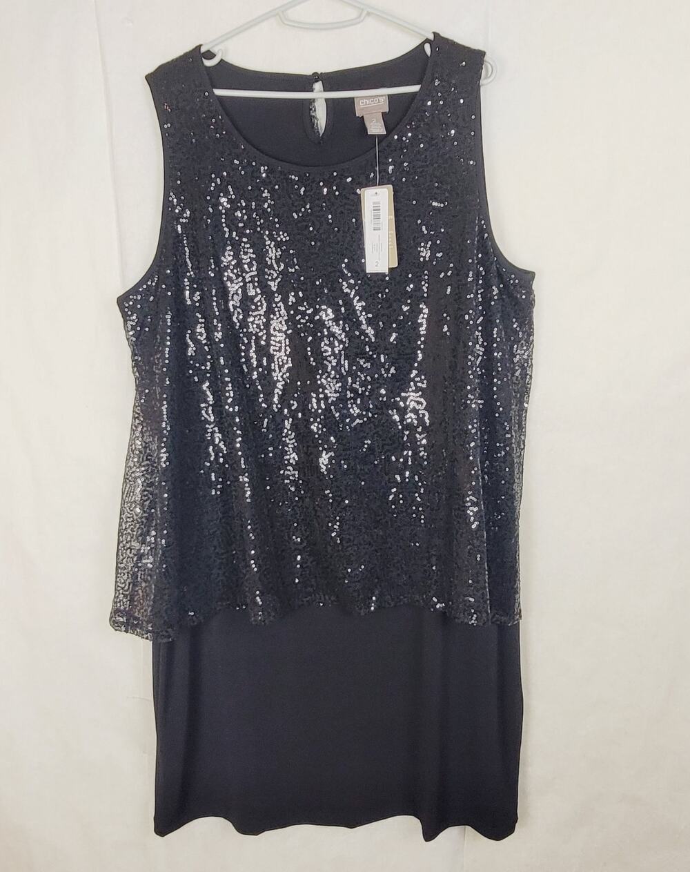 New Chicos black sparkle sequin layered high low dress Size 2/ Large Cocktail